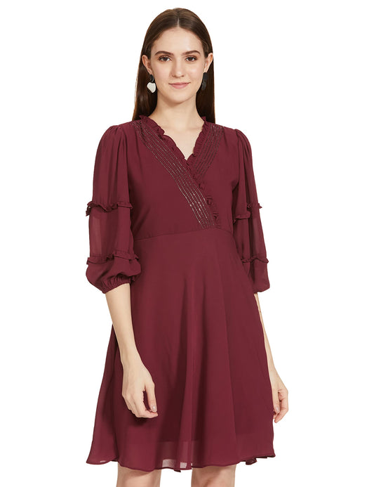 AND Women's Polyester Wrap Knee-Length Dress (EE22AB062DRPG_Wine_12)