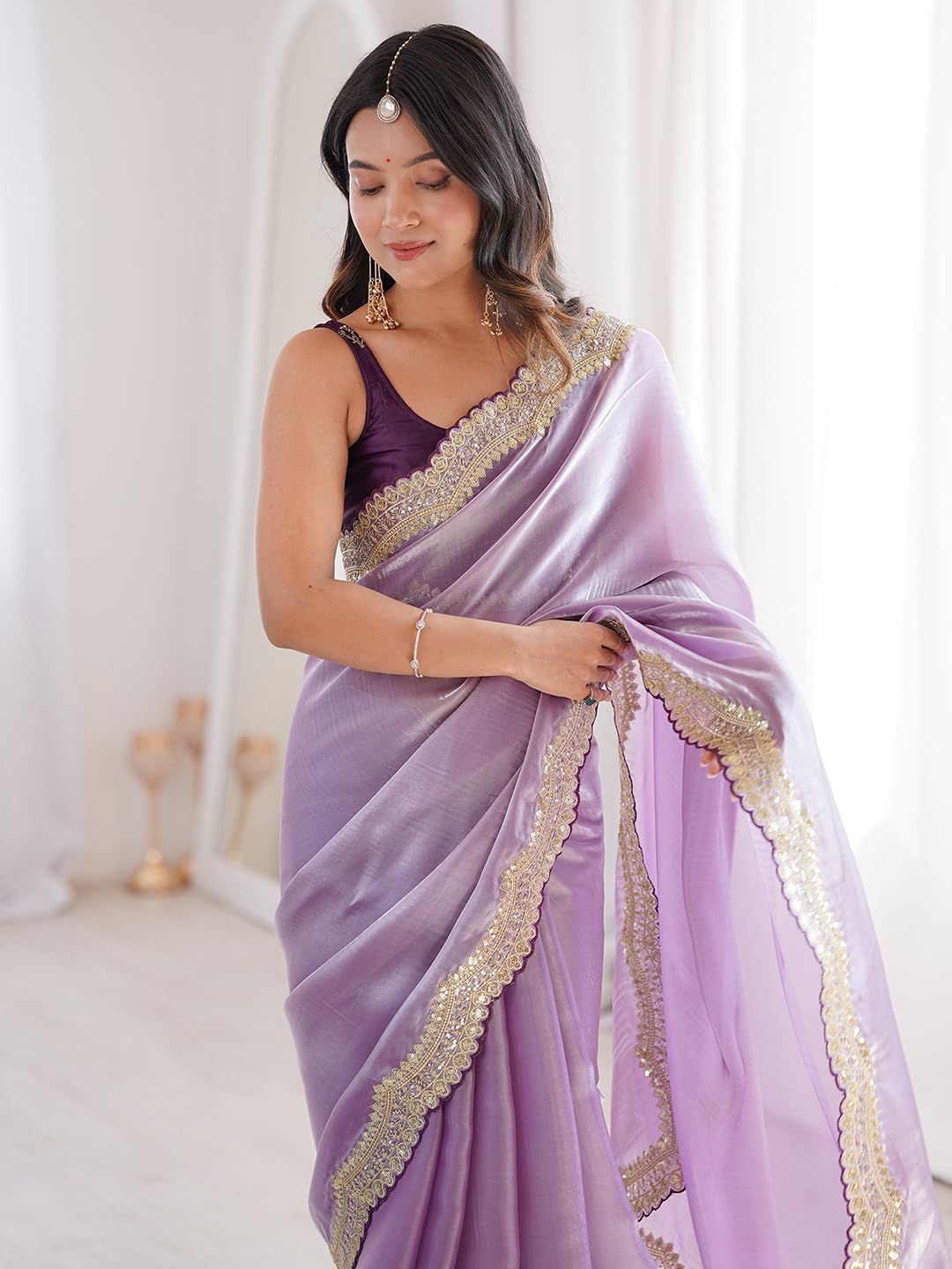 AKHILAM Women's Shimmer Lavender Satin Sequins Embroidery Work Saree With Unstitched Blouse Piece | saree for woman | Designer Saree for Women | Soft and Skin Friendly (AARYAN19902_KR)