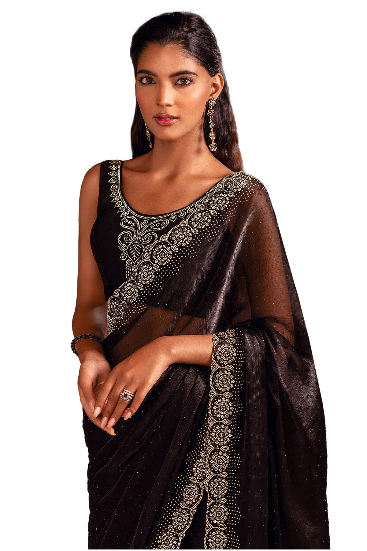 Soch Womens Black Organza Saree With Stone Work