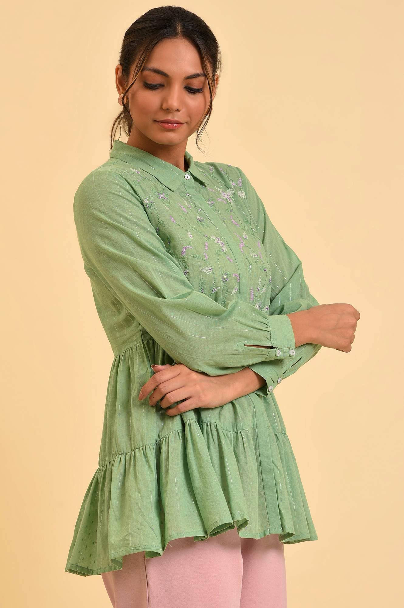 W for Woman Green Lurex Stripes Embroidered Tiered Top (Size: M)-23FEW31268-830263