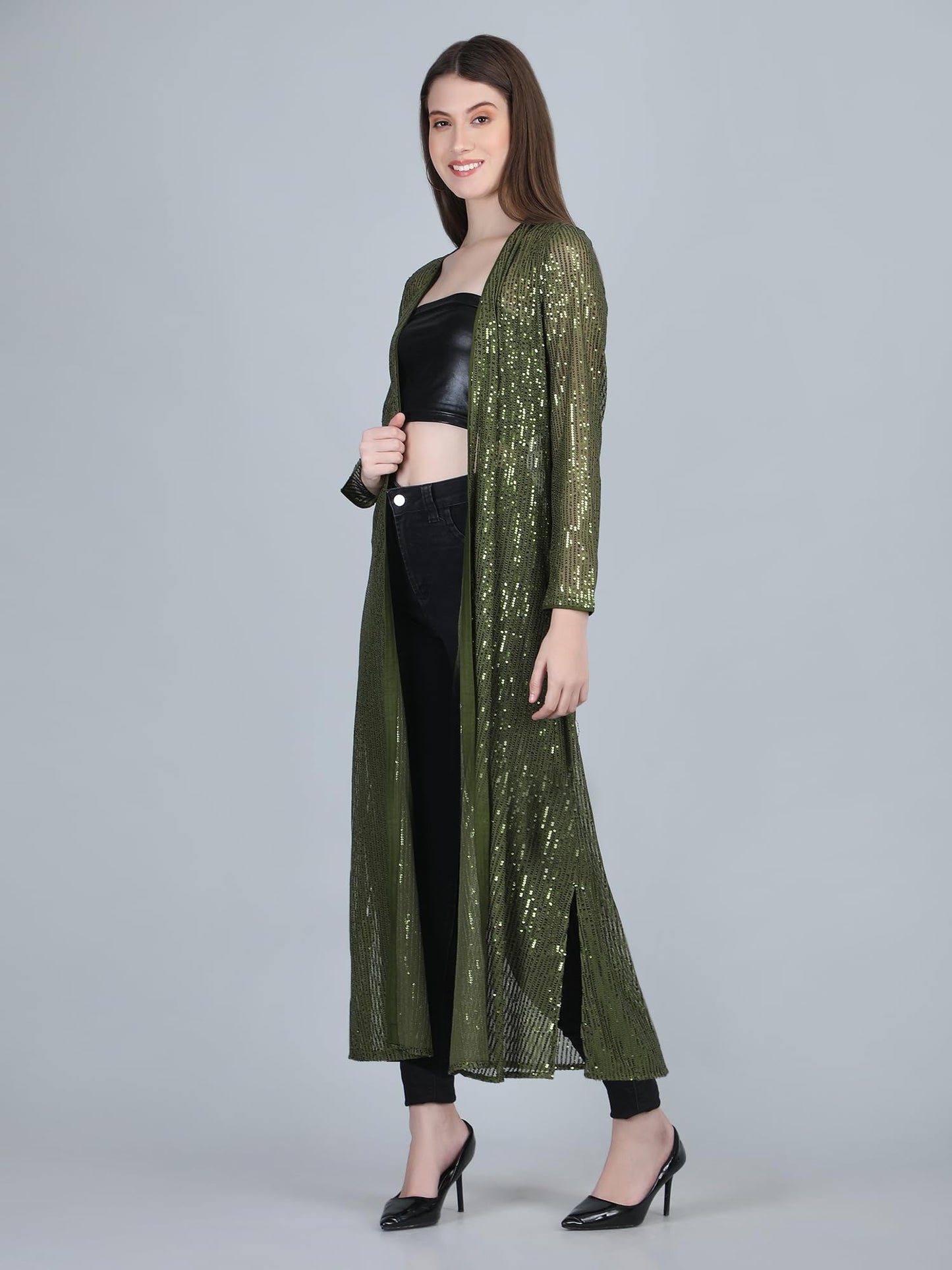 AOL Women's Long Power Net Open Neck Sequinned Shrug(Olive Green, Free Size)