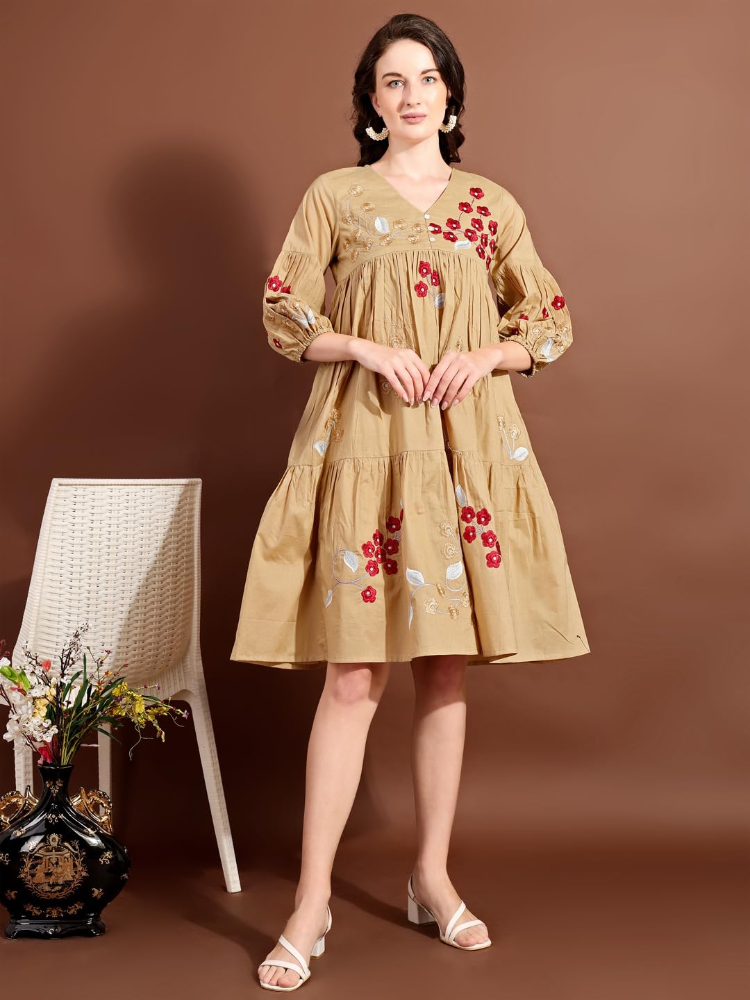 Womanista Women's Beige Cotton with All Over Embroidery V-Neck Tiered Ethnic Dress Knee Length (ETHNICDRESS_106 M)