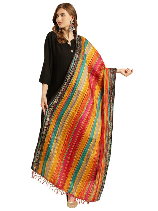 DUPATTA BAZAAR Women's Striped Print Multicoloured Art Silk Crushed Dupatta, Free Size