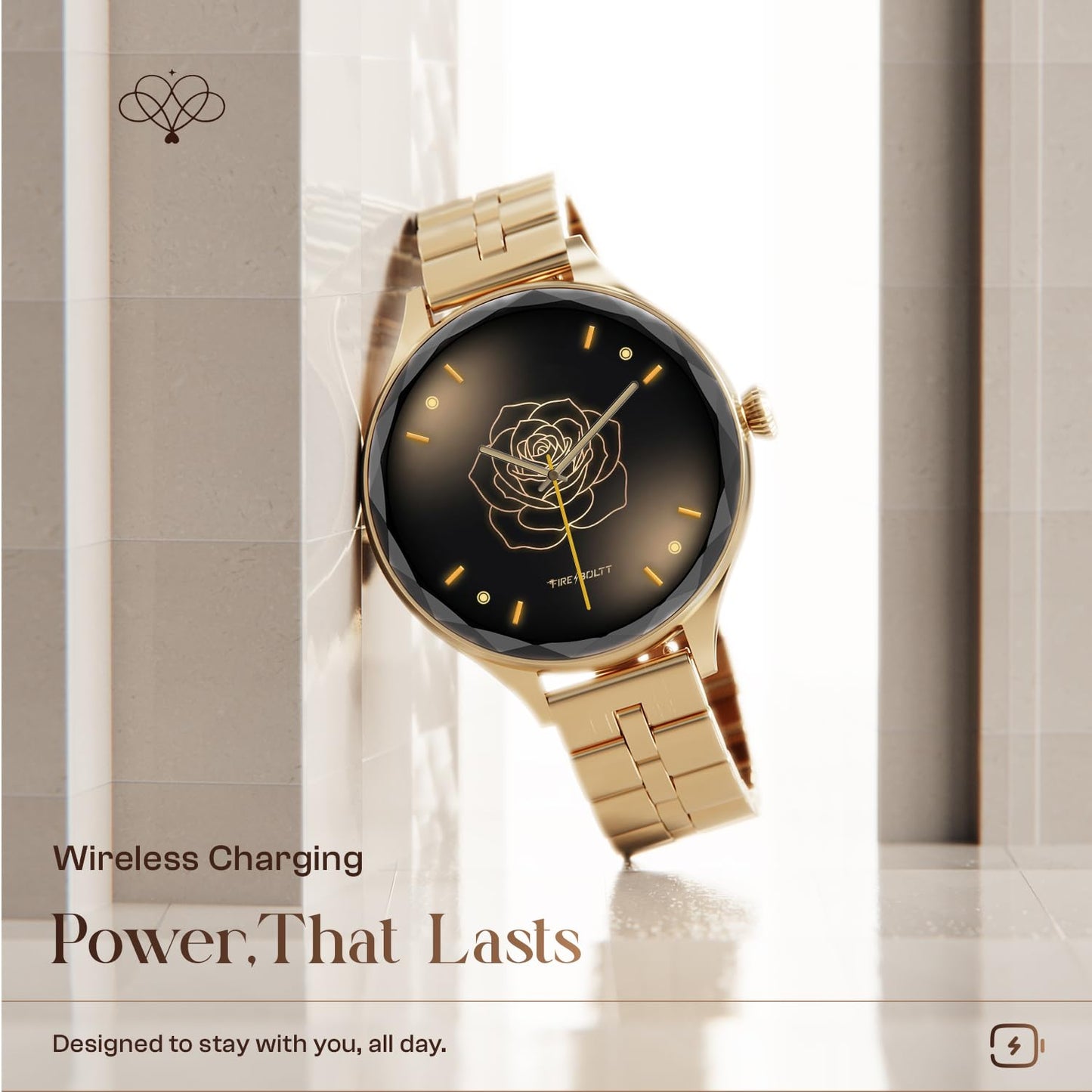 Fire-Boltt Phoenix Aura Women Smart Watch with 1.26” Diamond-Cut HD Display, Rotating Crown, Wireless Charging, Bluetooth Calling, Voice Assistant, 120+ Sports Modes - Regal Gold