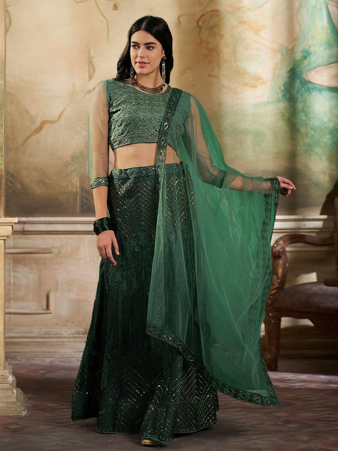VARNI FABRICS: A lady's First Love Embroidered Lehenga Choli Set with Dupatta, Green and Gold, Zari Work, Semi-Stitched