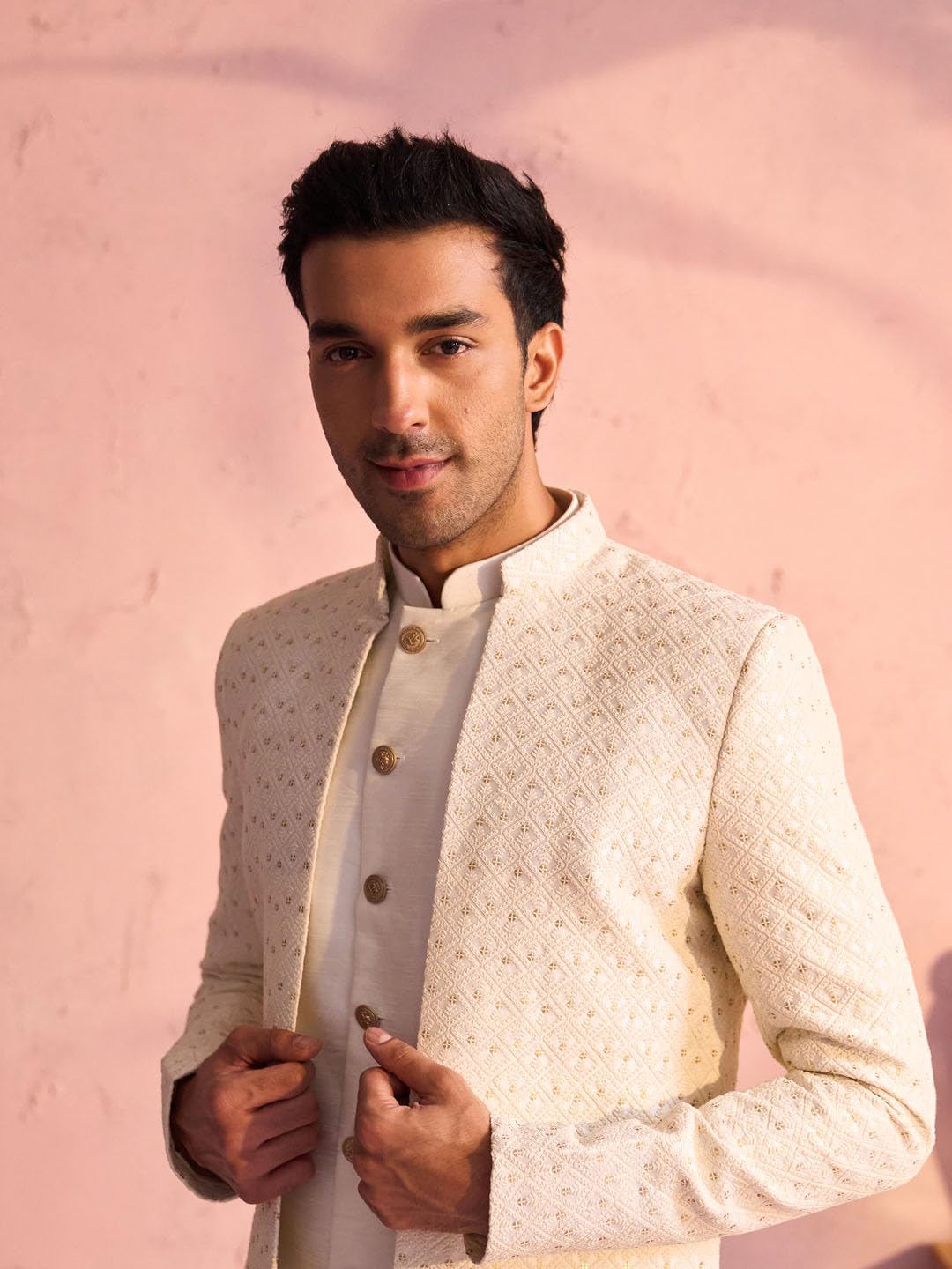 VASTRAMAY Men's Cream Silk Blend Sherwani Set_VASMIW221CRnMIW222CRnPANT002CR_42
