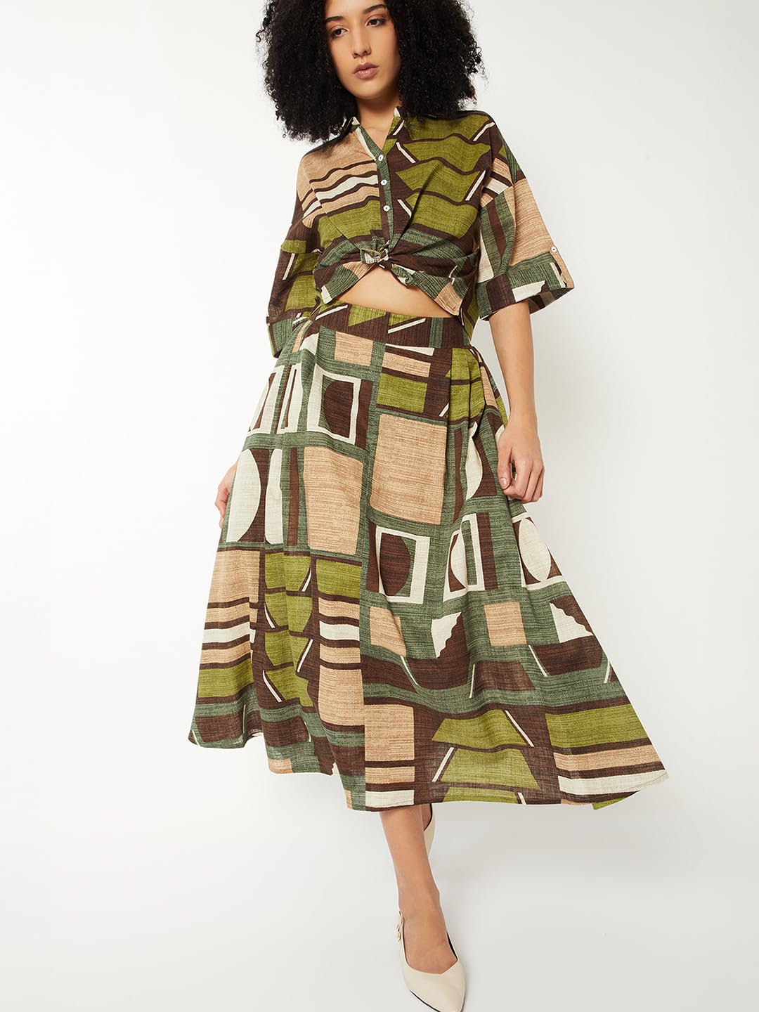 Max Women Printed A-line Midi Skirt (Green_L)