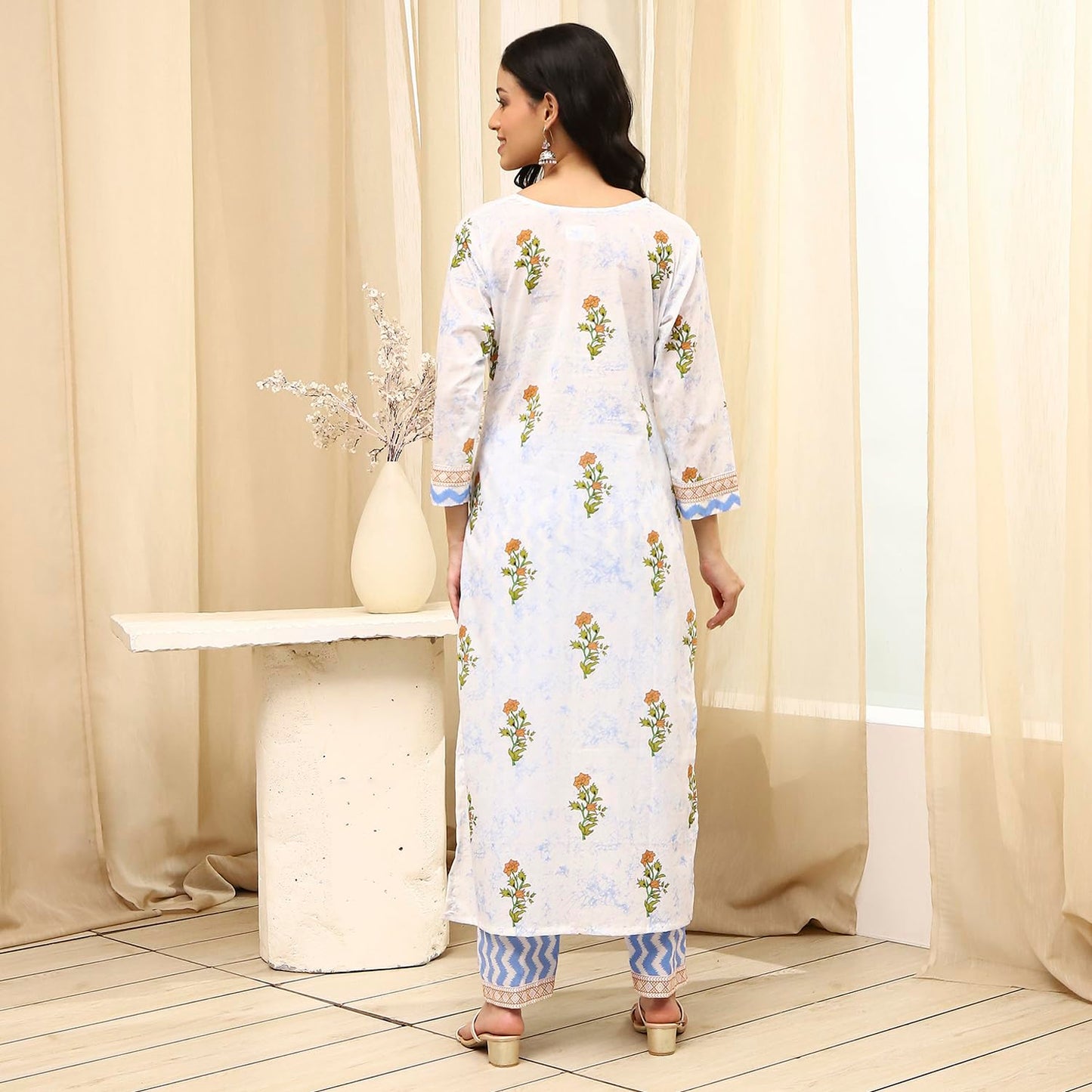 BIBA Women White Cotton Screen Print Unstitched Suit Set_FREE SIZE