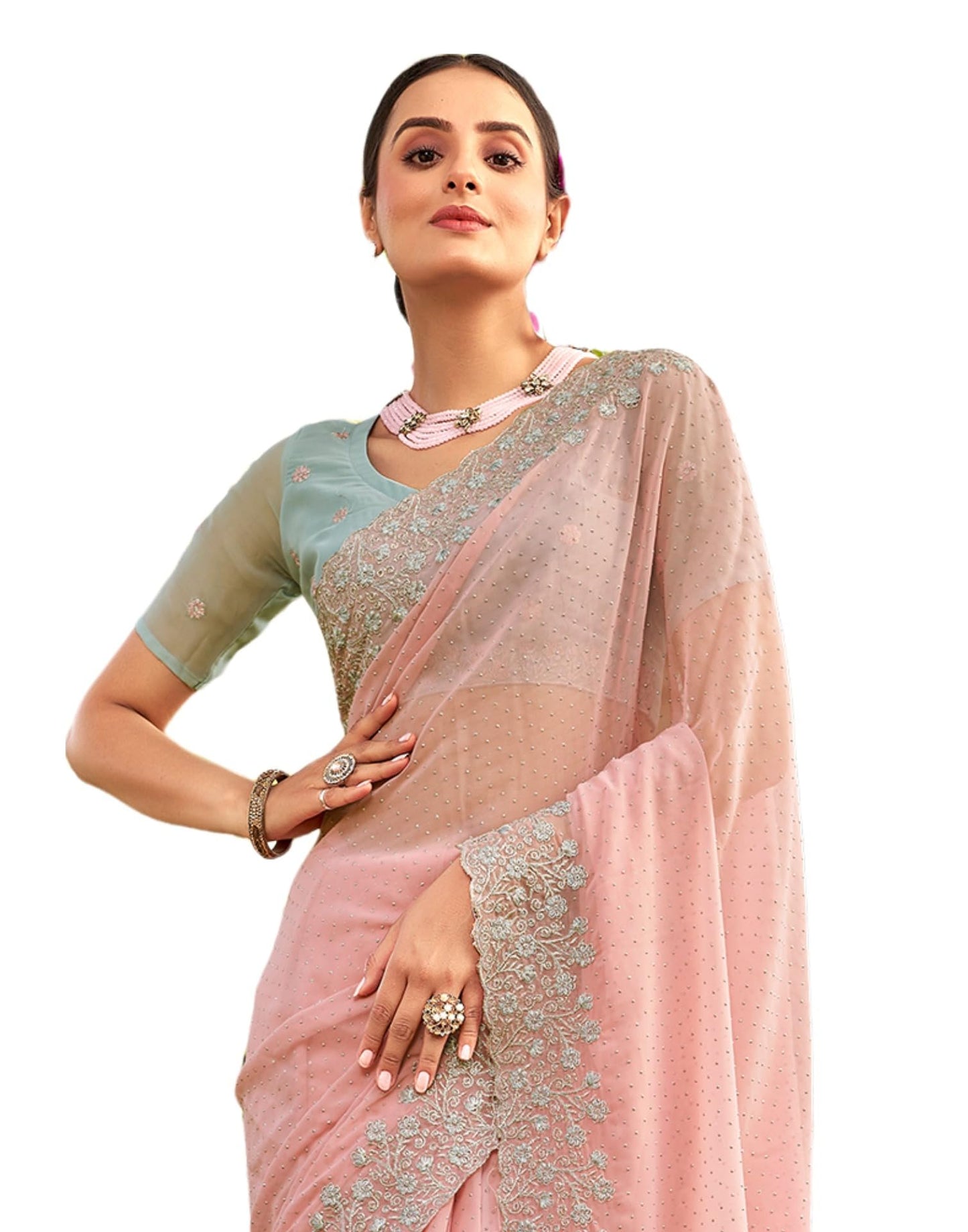 SIRIL Women's Georgette Embroidery Zari Work Saree With Unstitched Blouse Piece (3647S349_Baby Pink)