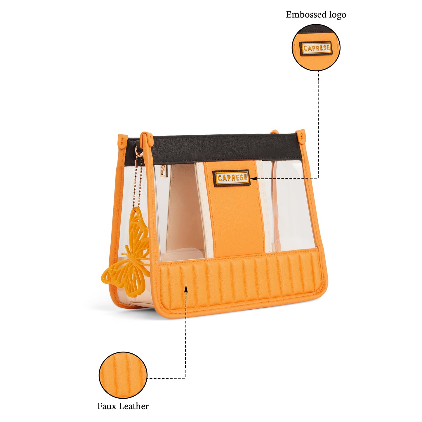 Caprese Madonna Sling Bag Medium | Transparent Crossbody Handbag with Butterfly Charm for Women with Adjustable & Detachable Sling Strap, Zip Closure| Shoulder Bag | Perfect for Casual Use (Amber)