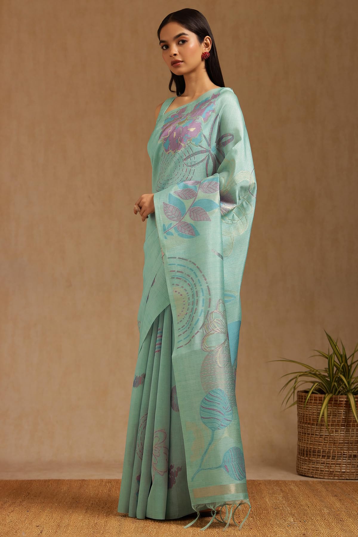 Soch Womens Turquoise Blue Tussar Woven Design Saree With Zari Woven