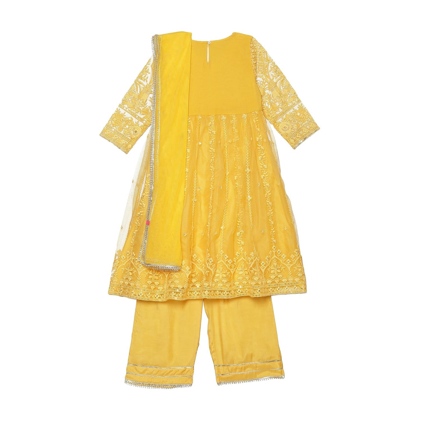BIBA Girl Polyester Blend Embroidery Gathered Kid Salwar Suit Set (Kw5367_Yellow_15)