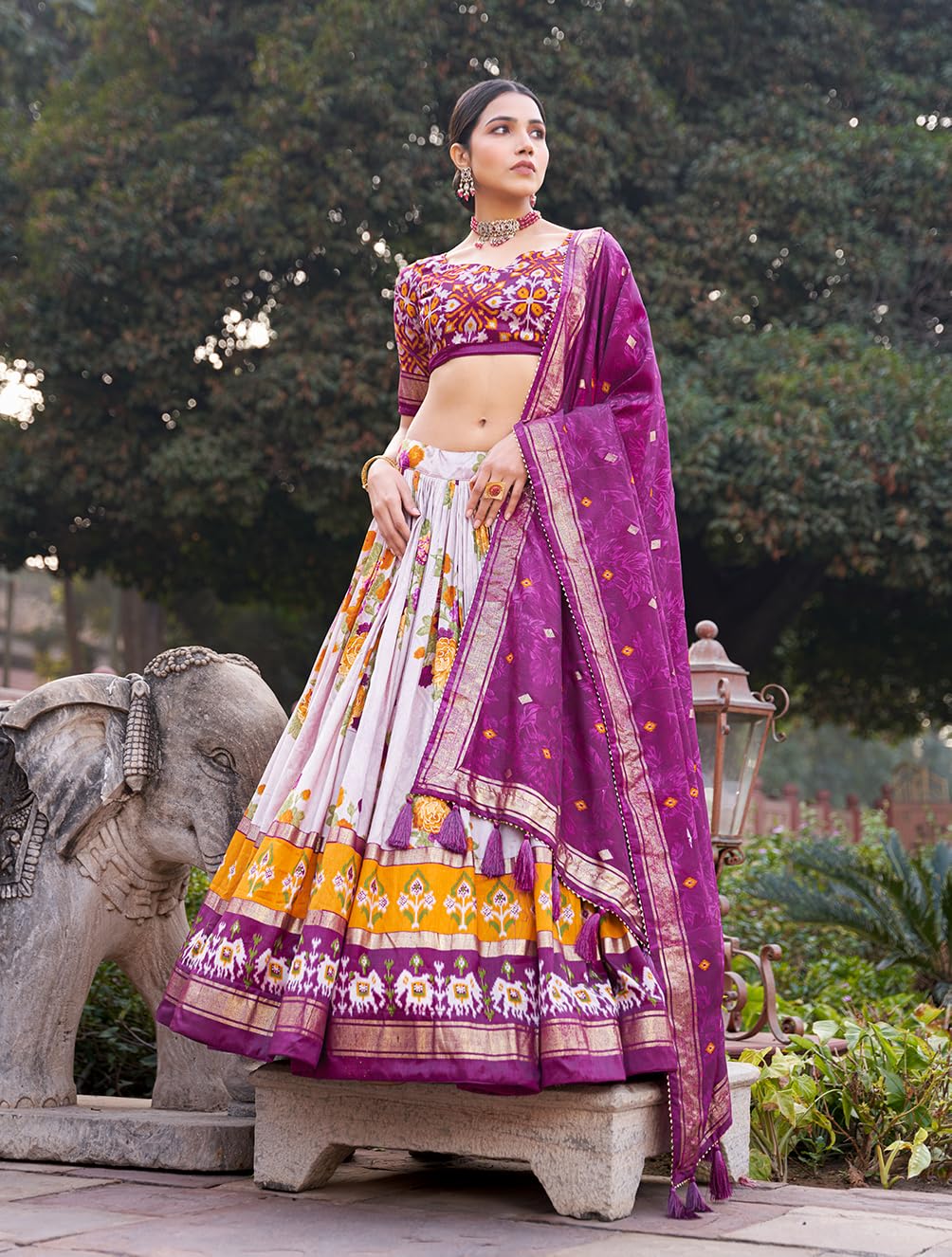 Snazzy Stitch Women Tussar Silk With Patola Print And Foil Work Lehenga choli (Purple)