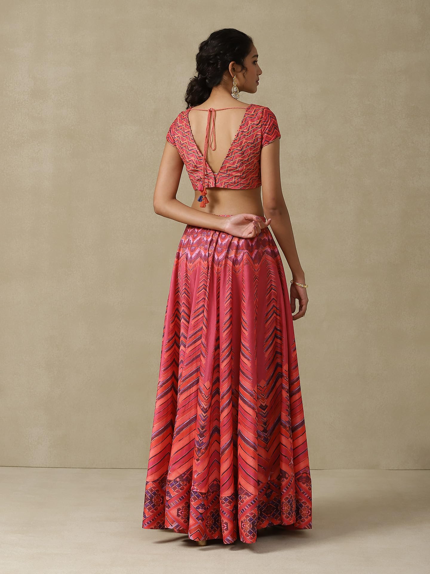 Aarke Ritu Kumar Pink Chevron Printed Lehenga With Blouse And Dupatta