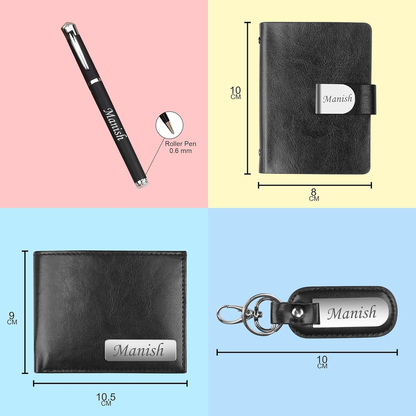The Wallet Store Personalized Wallet, Pen, Key Chain & Cardholder Gift Set | with Name | Vegan Leather | Best Gift for Brother, Husband, Boyfriend, Father, Etc (BLACK-PN02-CH02-KC11-WL14)