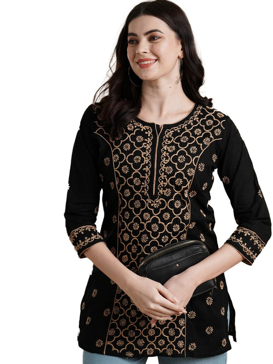 Ada Hand Embroidered Black Cotton Top Tunic Lucknowi Chikankari Short Kurti for Women A911381 (XL)