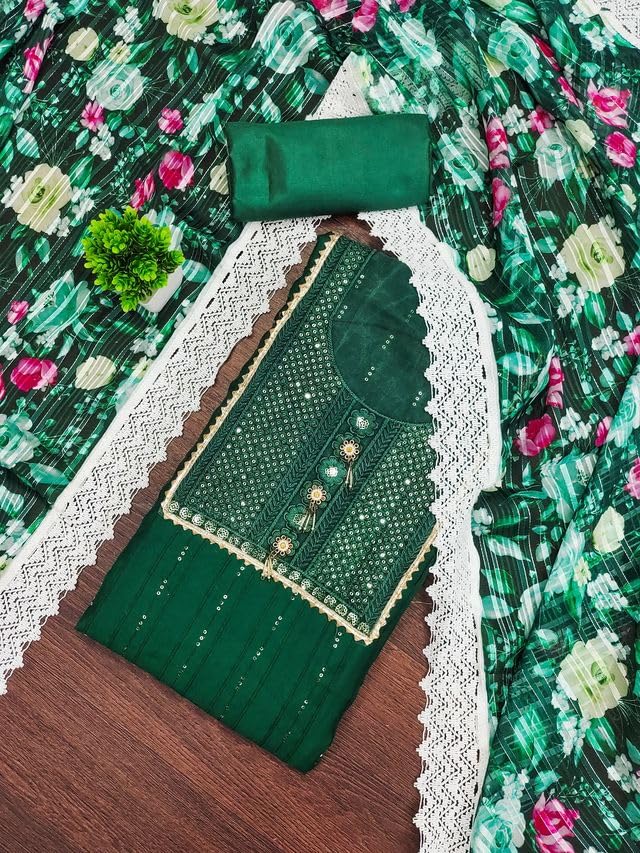 VARNI FABRICS Roman Silk Dress Material for Women Embellished Unstitched Woman Salwar Suit Dress Material with Georgette Dupatta Emerald Green