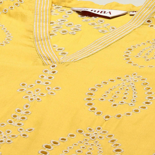 BIBA Women Cotton Asymmetric Embroidered Suit Set