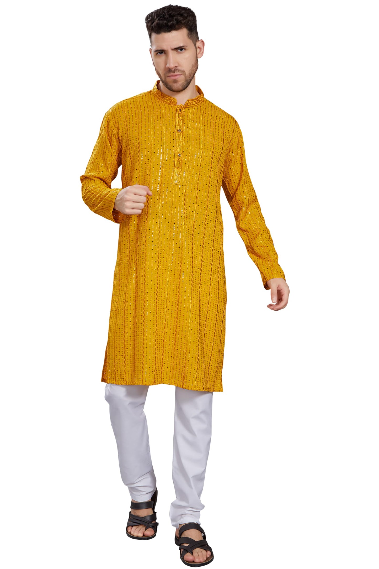 DIVISIVE Men's Embroidered Cotton Blend Only Slim Fit Kurta (DKRT383_XXL_Mustard)