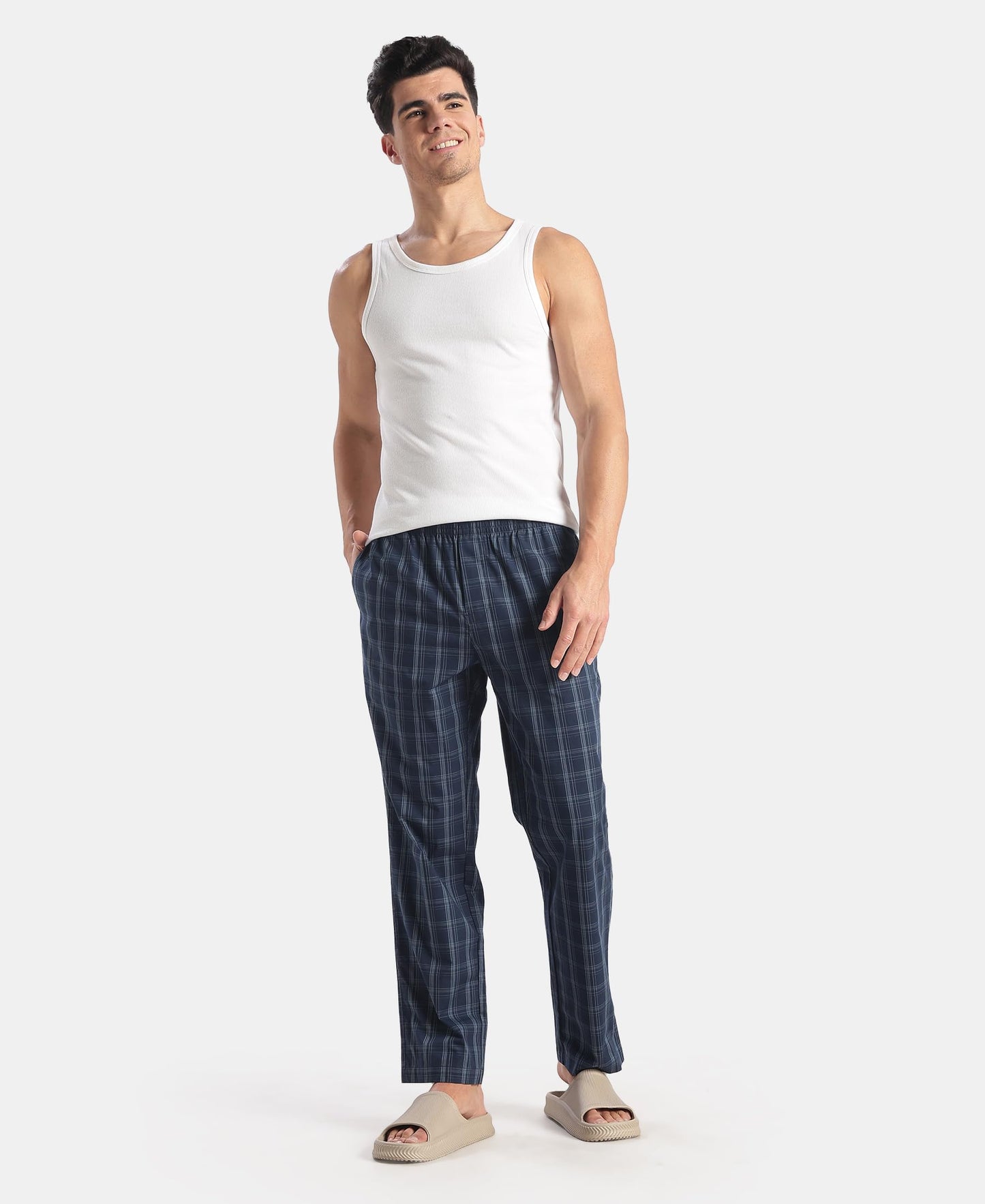 Jockey 9009 Men's Super Combed Cotton Woven Fabric Regular Fit Checkered Pyjama with Side Pockets_New Navy_XXL