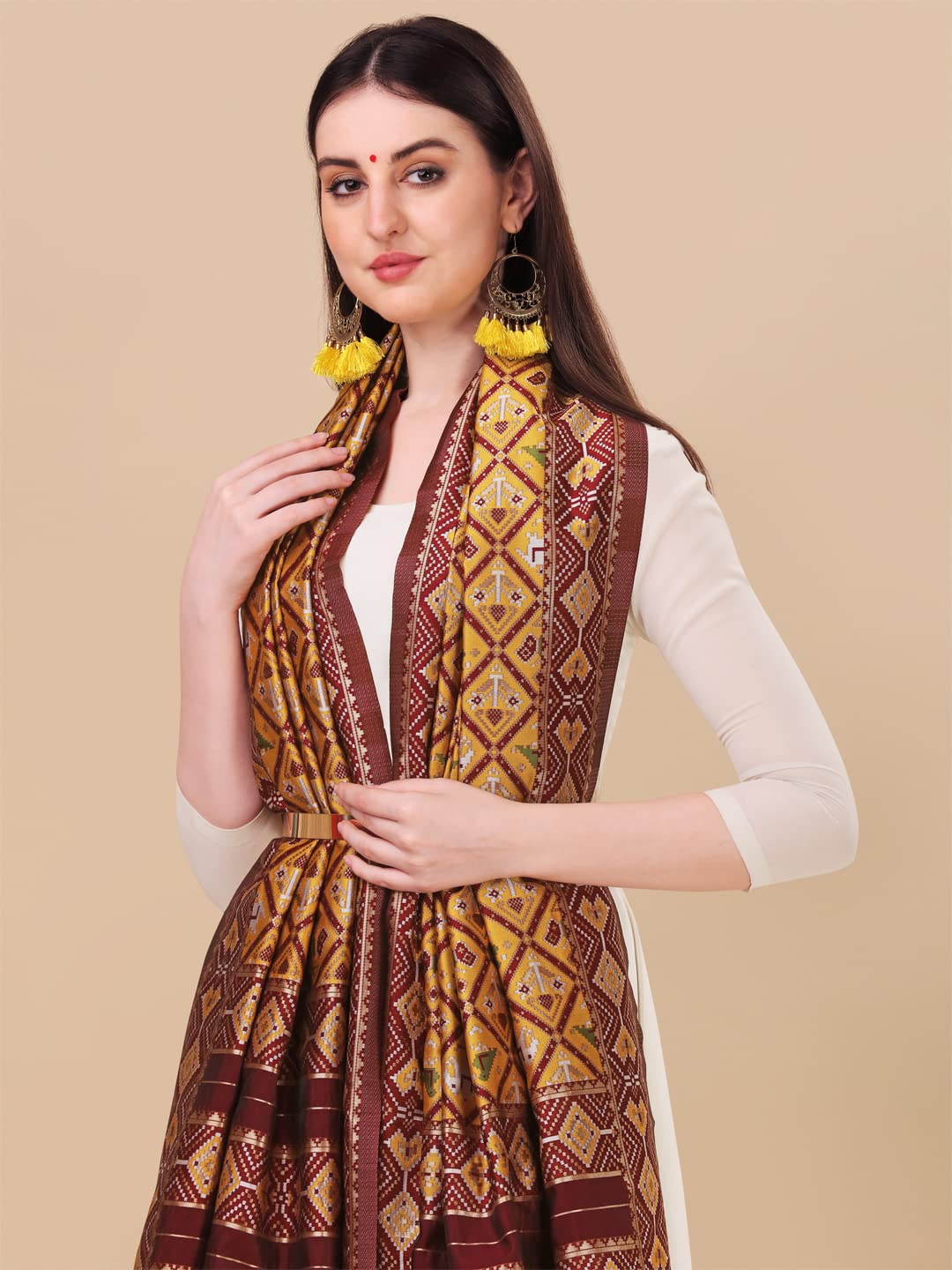 DEVANGI Women's Floral Silk Blend Dupatta (OM-DT-08-MUSTARD-A_Mustard Shade_Free Size)
