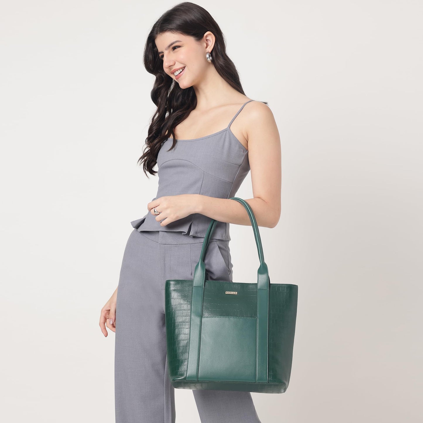 Fastrack Croco Crush Tote | green faux-leather Women's Handbag | Textured Croco Design with Gold Hardware | Double Handles, Zipper Closure & Organised Storage