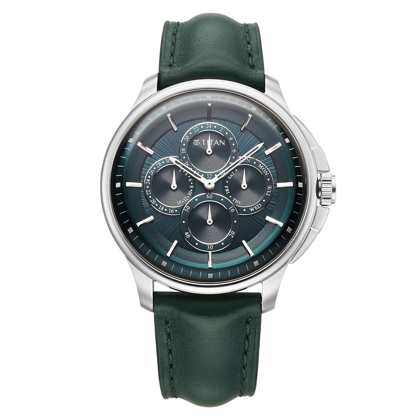 Titan Classique Four Eye Multifunction Analog with Green Dial Green Leather Strap Watch for Men - 90217SL02