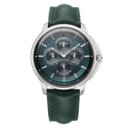 Titan Classique Four Eye Multifunction Analog with Green Dial Green Leather Strap Watch for Men - 90217SL02