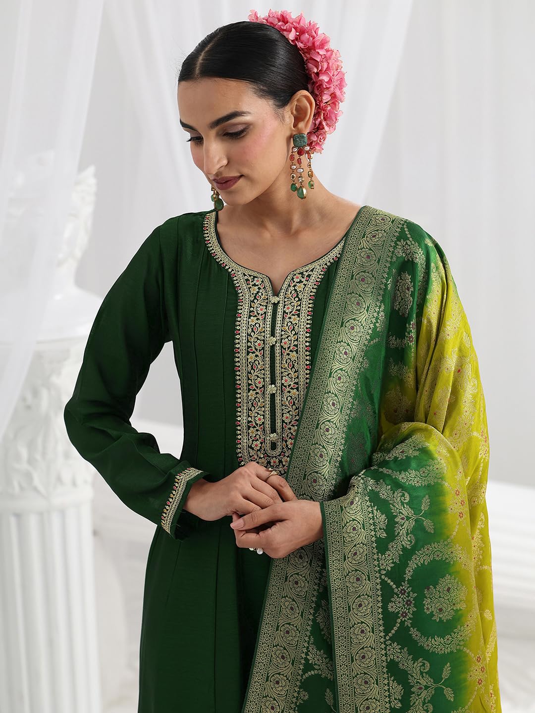 Libas Embroidered Silk Blend A-Line Ethnic Dress with Dupatta-93634XXL