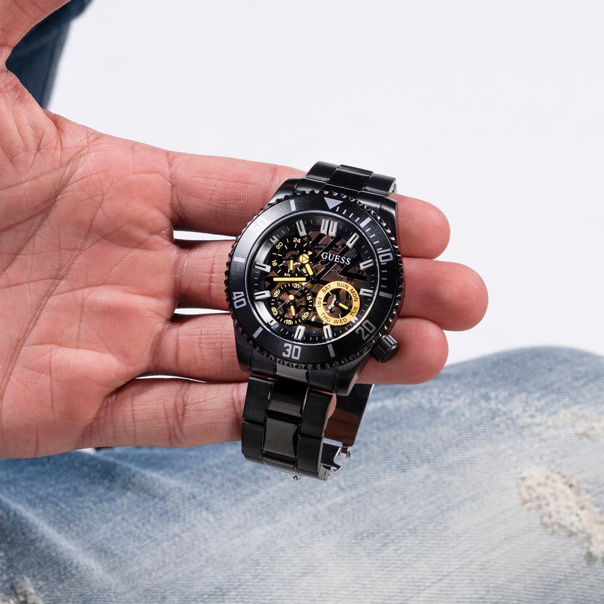 GUESS AXLE Collection Multi-Function Mens Analog Black Dial Coloured Quartz Watch, Round Dial with 45 mm Case Width - GW0488G3