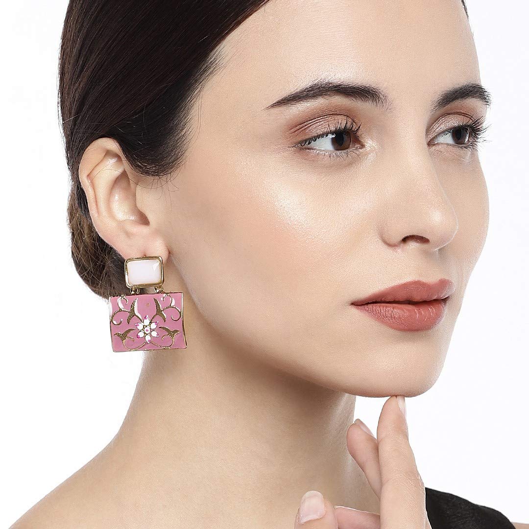 Accessher Contemporary Style Indo Western Inspired Pink Enamel and Pink Stone Embellished Geometric Design Dangle Drop Earrings for Women and Girls Pair of 1