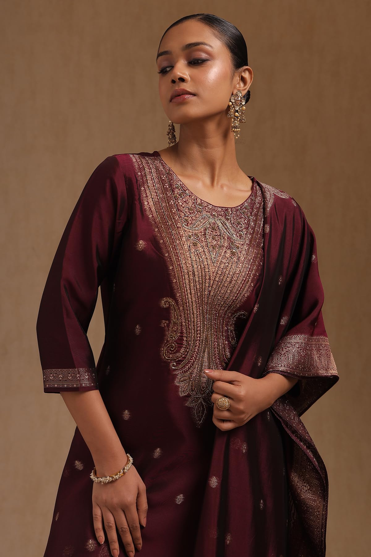 Soch Womens Wine Organza Zari Woven Suit Set With Cutdana