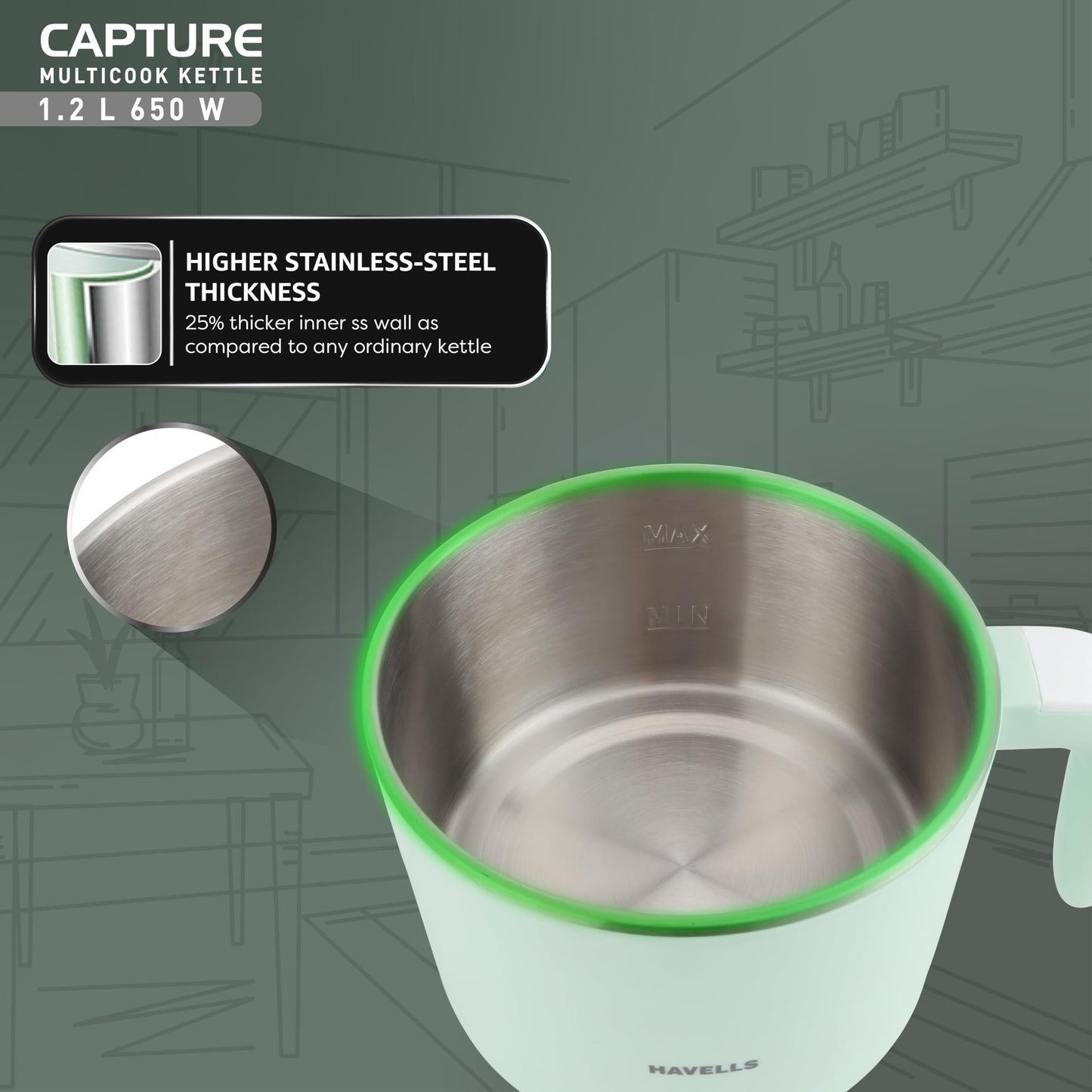 Havells Capture 1.2 L Multi-Cook Electric Kettle with Steamer | 650W |304 Stainless Steel Inner Body|Cooks Noodles, Rice, Milk | Cool-Touch Body | 2-Year Warranty (Green)