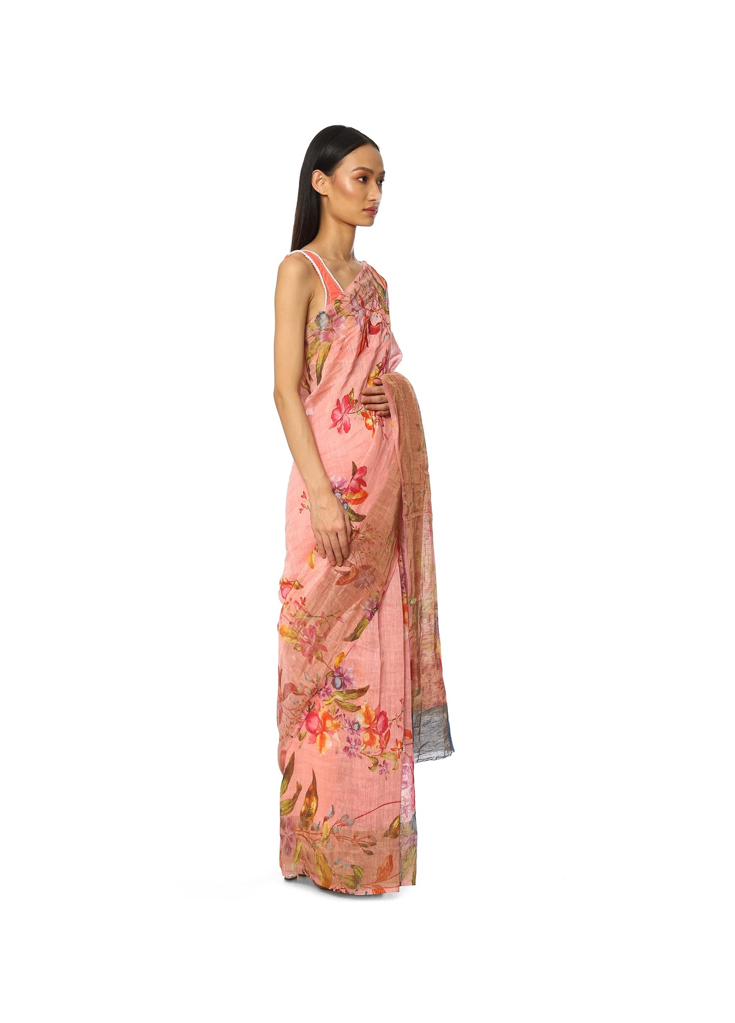 Satya Paul Linen Pink Peach Printed Silk Saree for Women