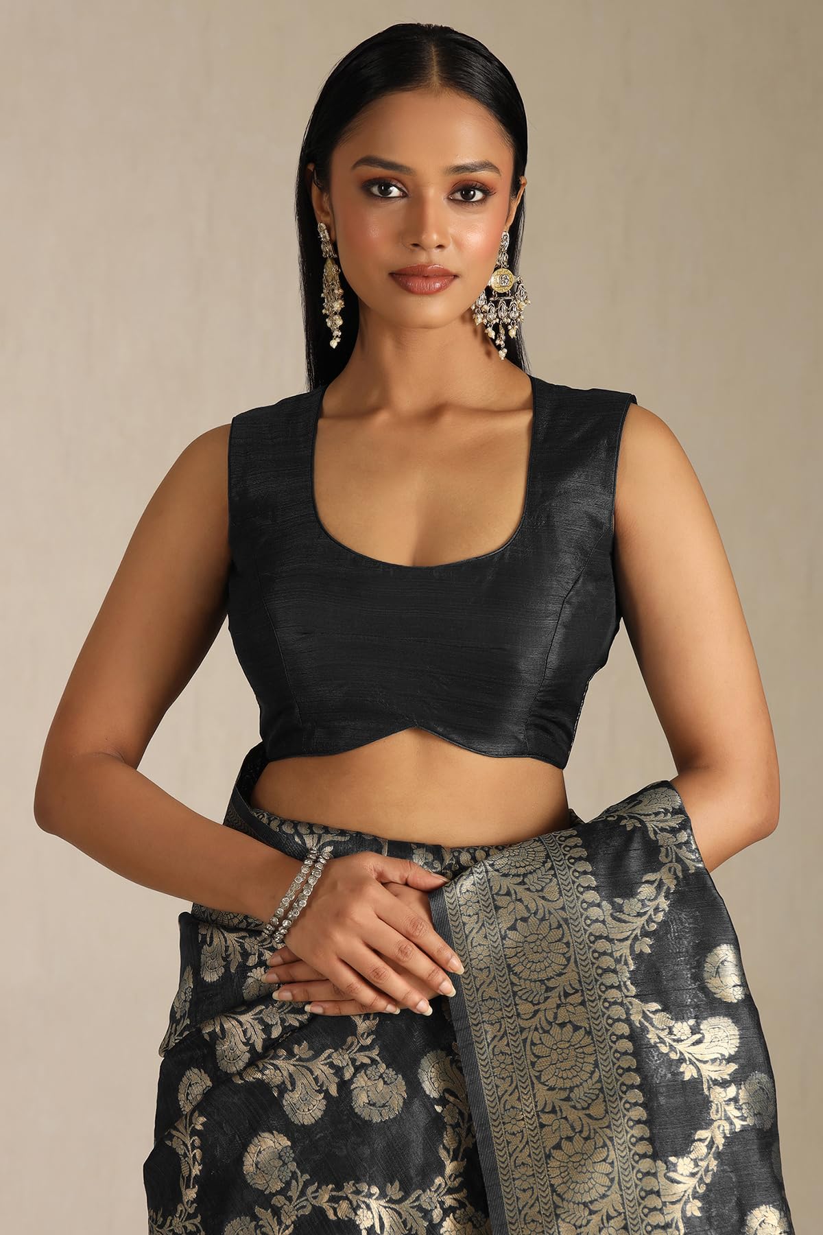 Soch Womens Black Tussar Floral Print Saree With Zari Woven