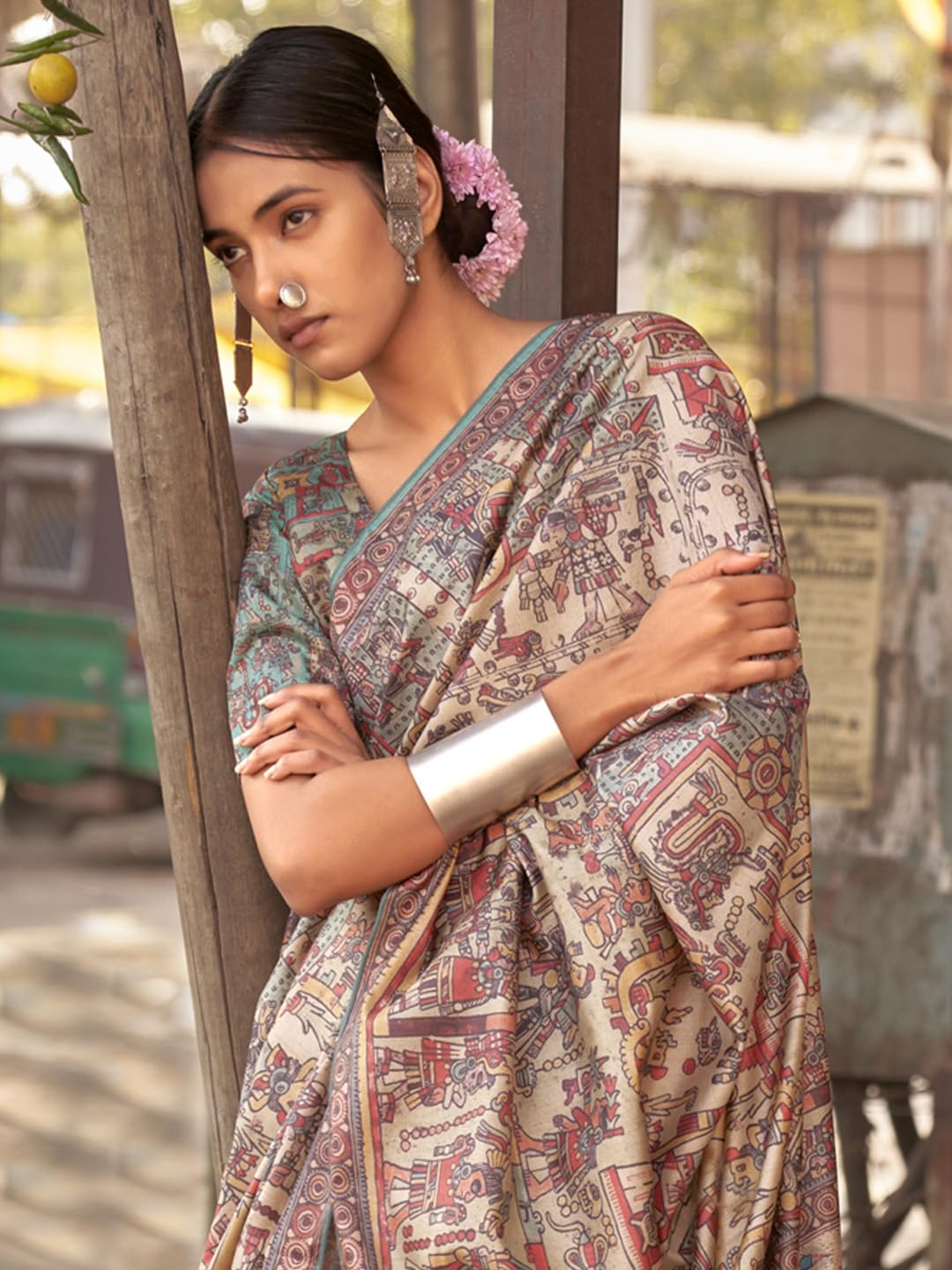 SAREE MALL Women's Banarasi Silk Madhubani Printed Saree With Unstitched Blouse Piece(Beige_PUSHPMNDI105_RS)