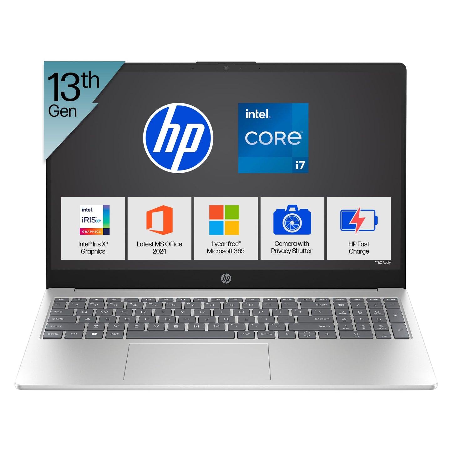 HP 15, 13th Gen Intel Core i7-1355U (16GB DDR4, 512GB SSD) Microsoft365* Office2024, Win11, 15.6inch(39.6cm) FHD Laptop, Intel Iris Xe, FHD Camera w/Privacy Shutter, Backlit, Silver, 1.59kg, fd0468tu