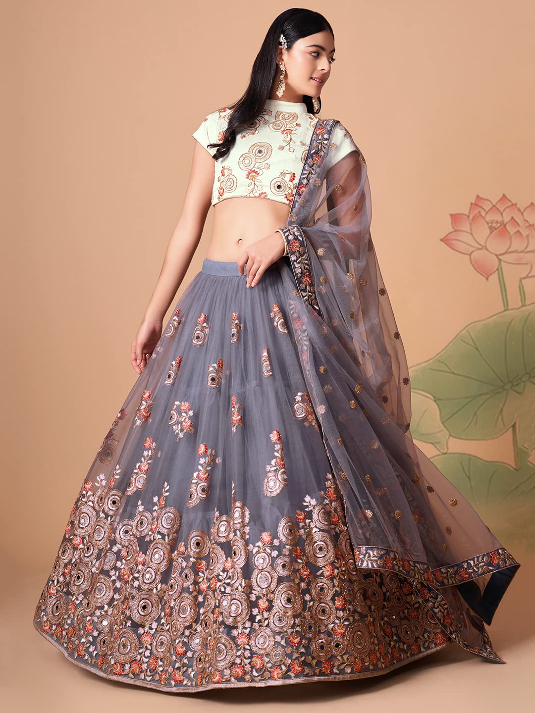 Zeel Clothing Women's Net Embroidered Semi-Stitched Bridal New Lehenga Choli with Dupatta (7321-Grey-Wedding-Bridal-Latest-Lehenga; Free Size) (Grey)