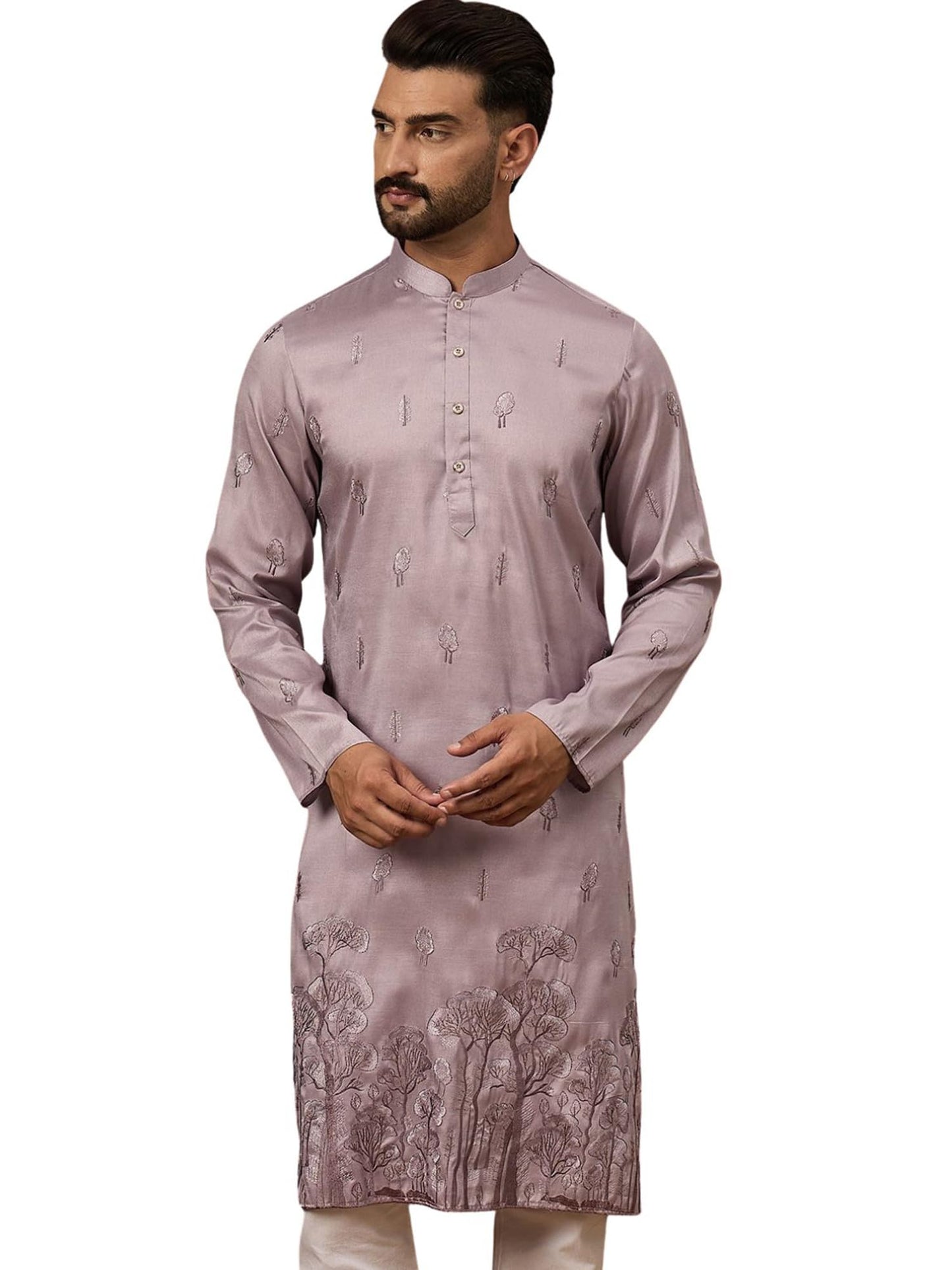Ethnic Bay Men's Lavender Silk Blend Solid Embroidered Calf Length Kurta's | Embroidered Kurta for Men | Straight Fit Kurtas for Mens (MKU1333, S)