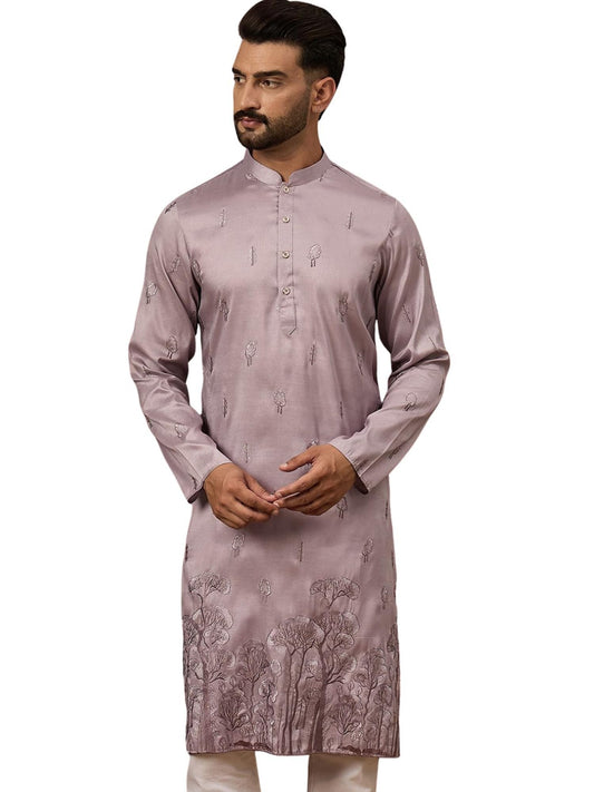 Ethnic Bay Men's Lavender Silk Blend Solid Embroidered Calf Length Kurta's | Embroidered Kurta for Men | Straight Fit Kurtas for Mens (MKU1333, S)