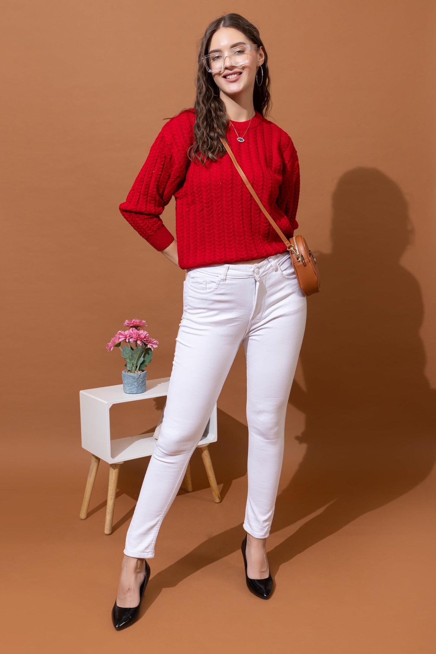 Style Dusk Women's Full Sleeves Round Neck Cable Design Pure Woolen Pullover Sweater for Winter Season (in, Alpha, 2XL, Red)