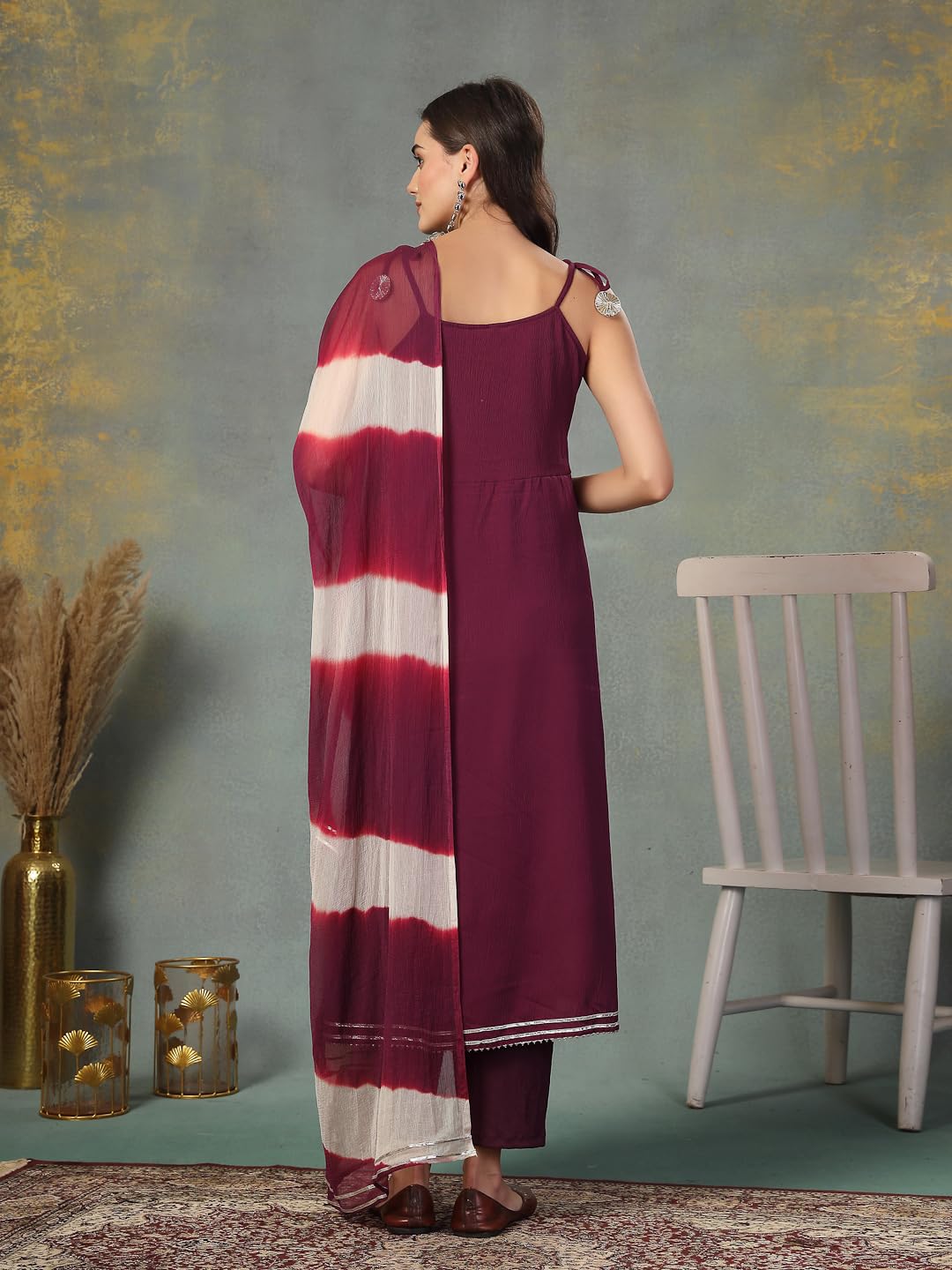 Stylum Women's Solid & Embroidered Poly Crepe A-Line Kurta Pant Dupatta Set