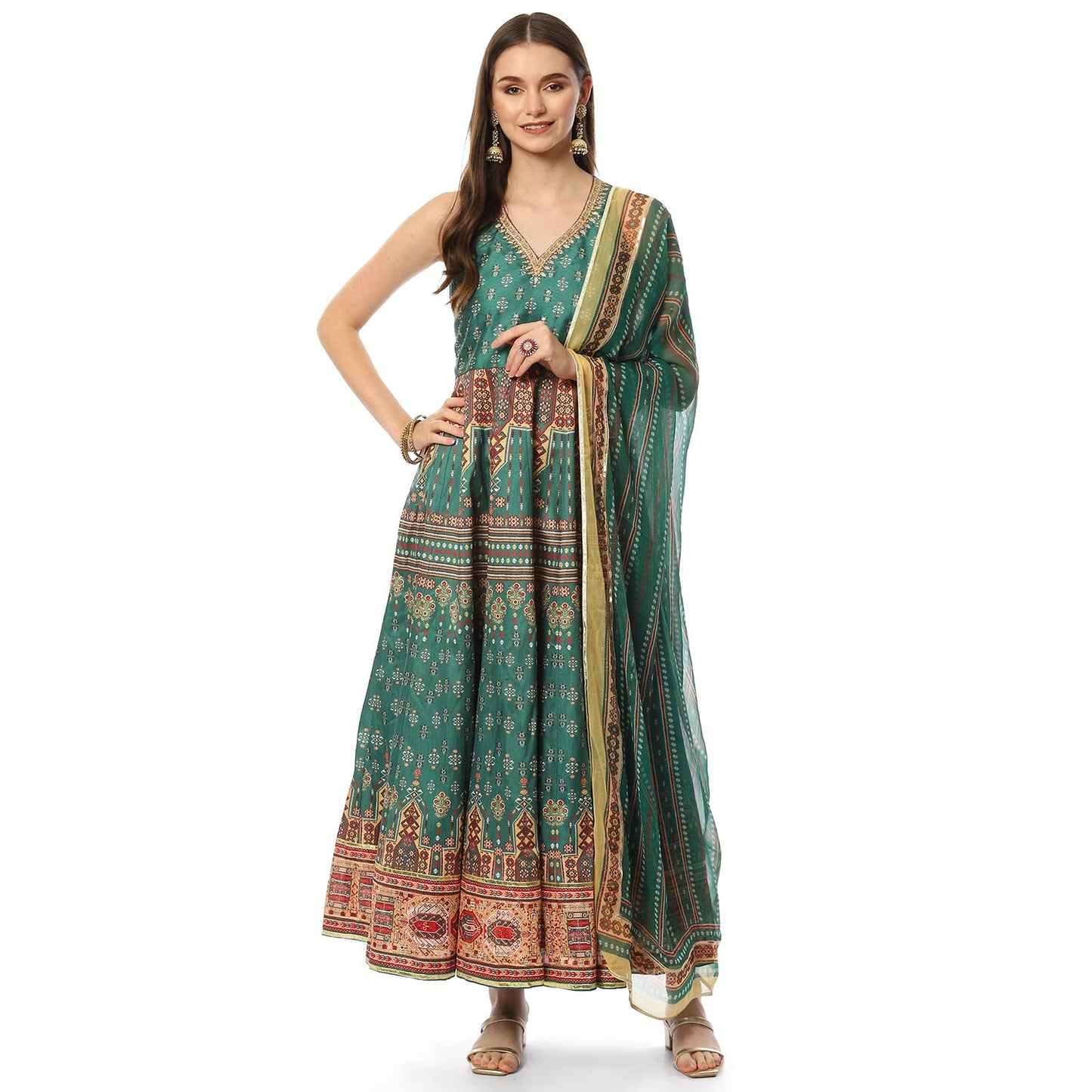 BIBA Polyester Women Printed Fitted Salwar Kurta Dupatta(SKDASSORTED8190_GREEN_34), Medium