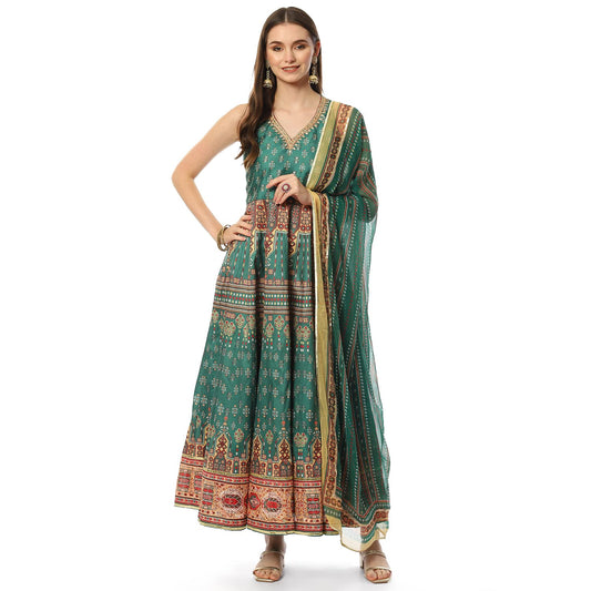 BIBA Polyester Women Printed Fitted Salwar Kurta Dupatta(SKDASSORTED8190_GREEN_34), Medium