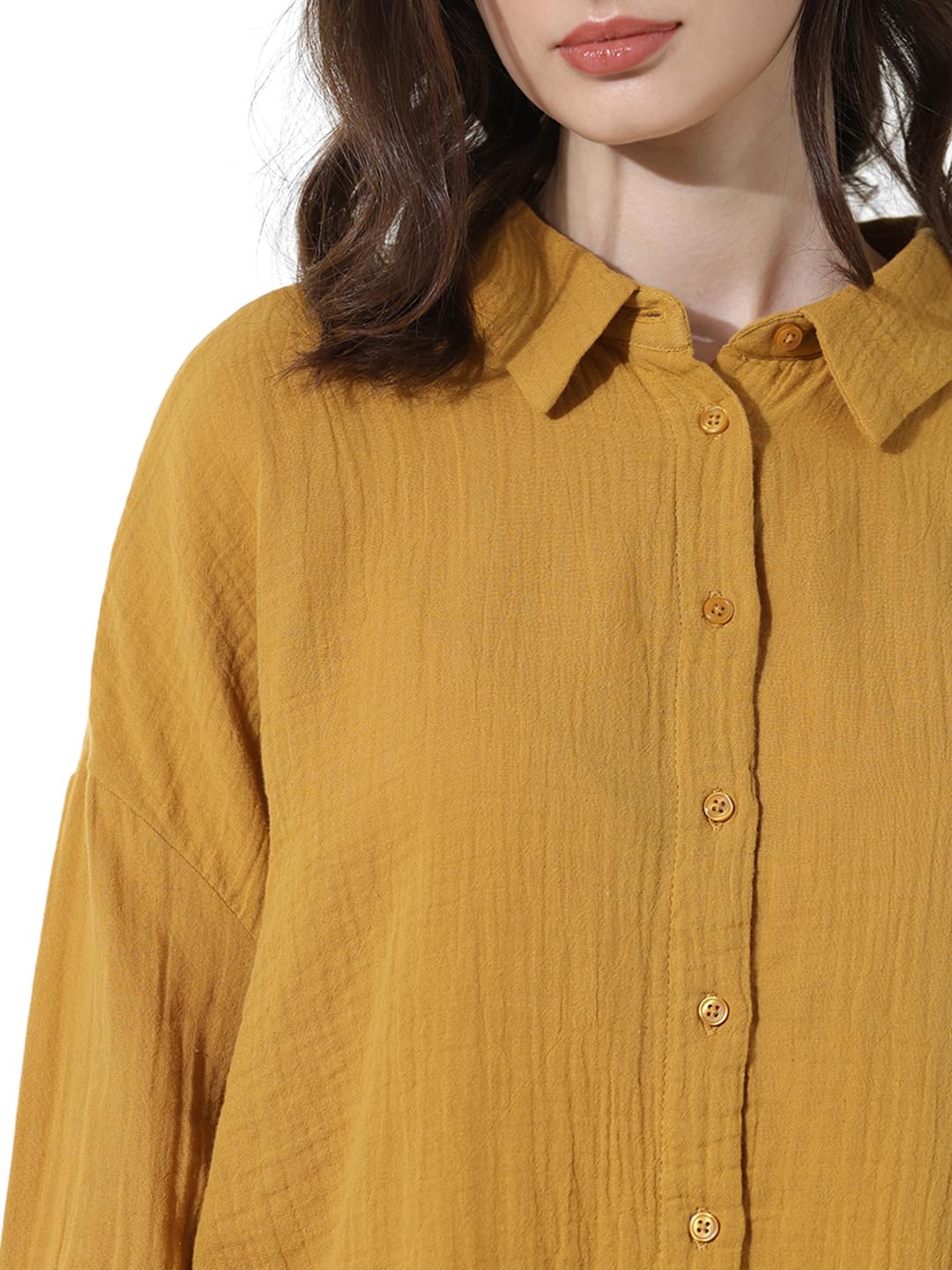 ONLY Women's Solid Oversized Fit Shirt (15334564-Harvest Gold_Harvest
