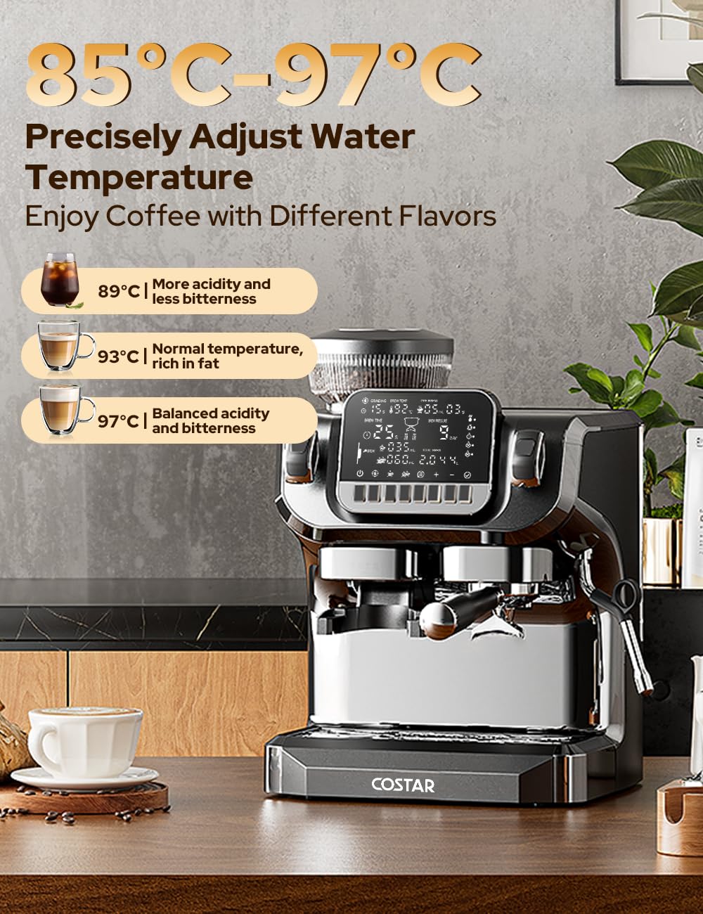 COSTAR Professional Espresso Machine with Grinding & Frothing, 20 Bar Coffee Machines with LED Screen, Coffee Maker Machine for Home/Office, 1.8L Removable Water Tank for Cappuccino, Latte