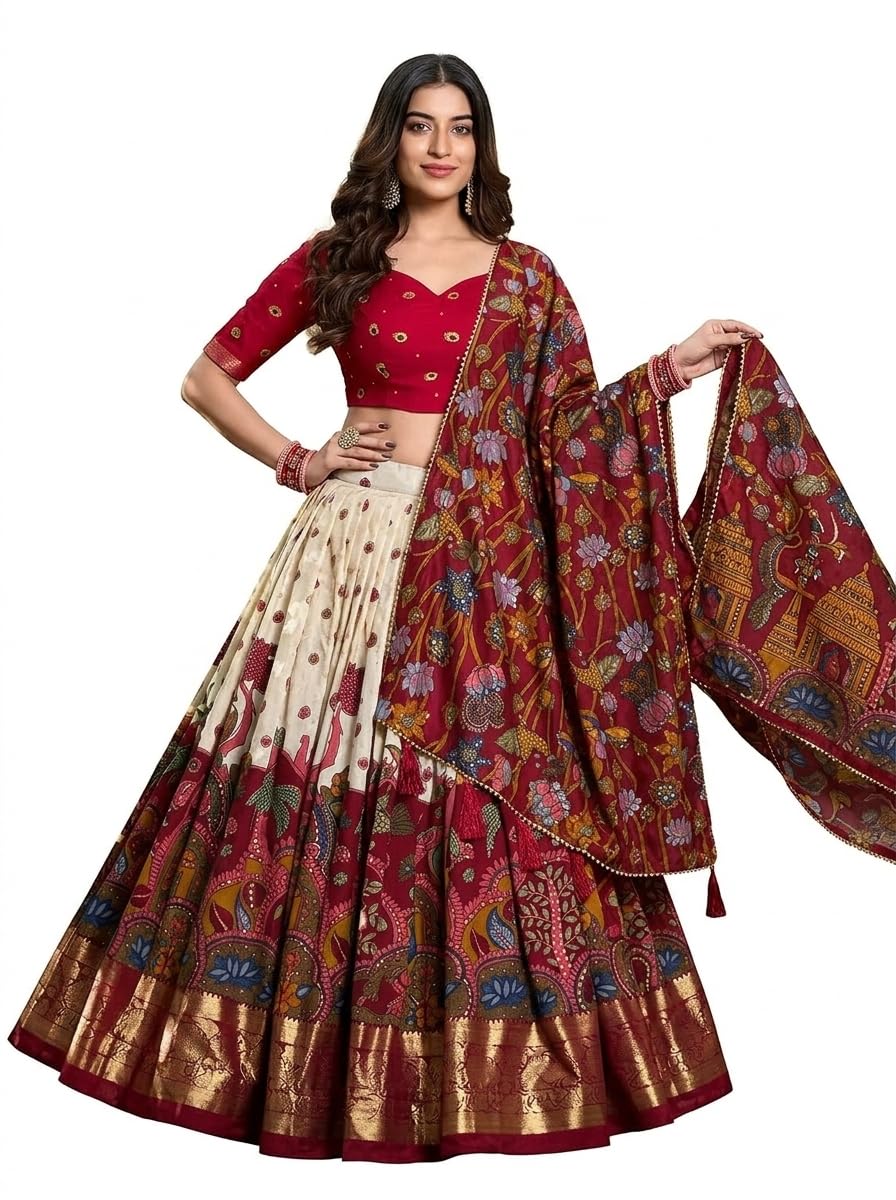 LooknBook Art Women Silk Unstitched Lehenga Choli (ARD1219OWT_Off White_Free Size)