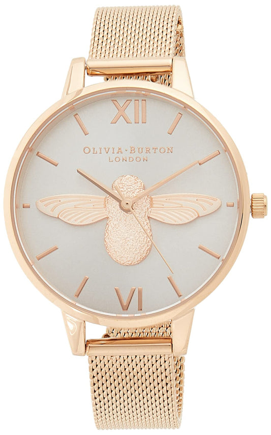 Olivia burton 3D Bee Qtz Basic Blush Sunray & Bee Round Dial Women's Watch|Ionic Plated Rose Gold Steel Material|Gold Color Band - OBGSET42