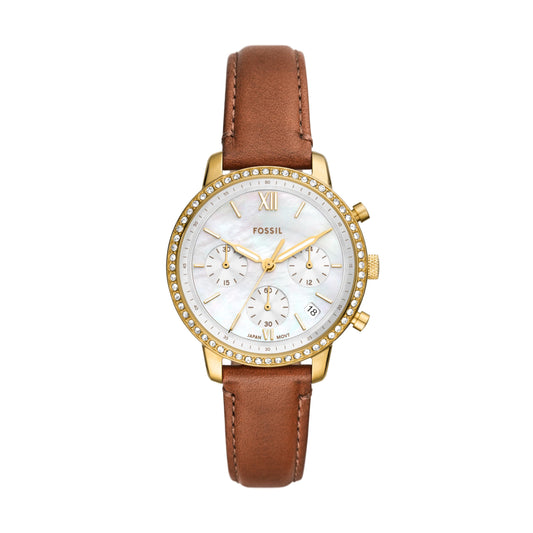 Fossil Women Neutra Brown Quartz Leather Chronograph Watch Es5278, Dial-Color:Off-White, Band Color:Brown