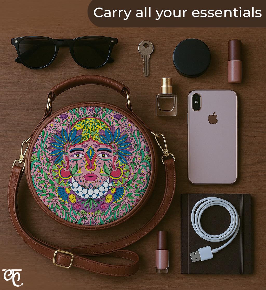 Kalankit Round Sling For Women | Girls Crossbody Bags | Side Bags With Adjustable Strap | Travel Box Sling Bags | Ancient Culture